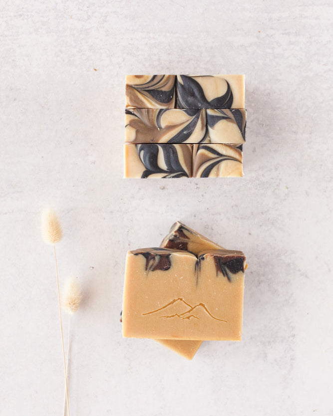 Chaga mushroom powder handmade soap scented with fir needle, cassia & patchouli essential oils