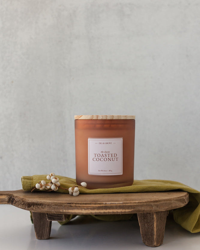 Toasted Coconut soy candle by Fig & Grove with coconut and sandalwood fragrance