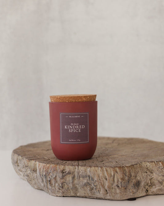 Kindred Spice candle in umber glass jar  with cork lid – Fig & Grove