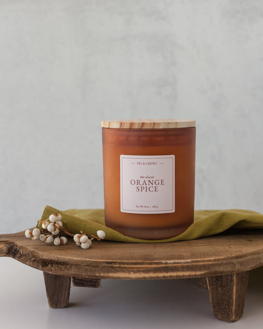 Orange Spice 100% soy wax candle in a 10 oz glass jar
