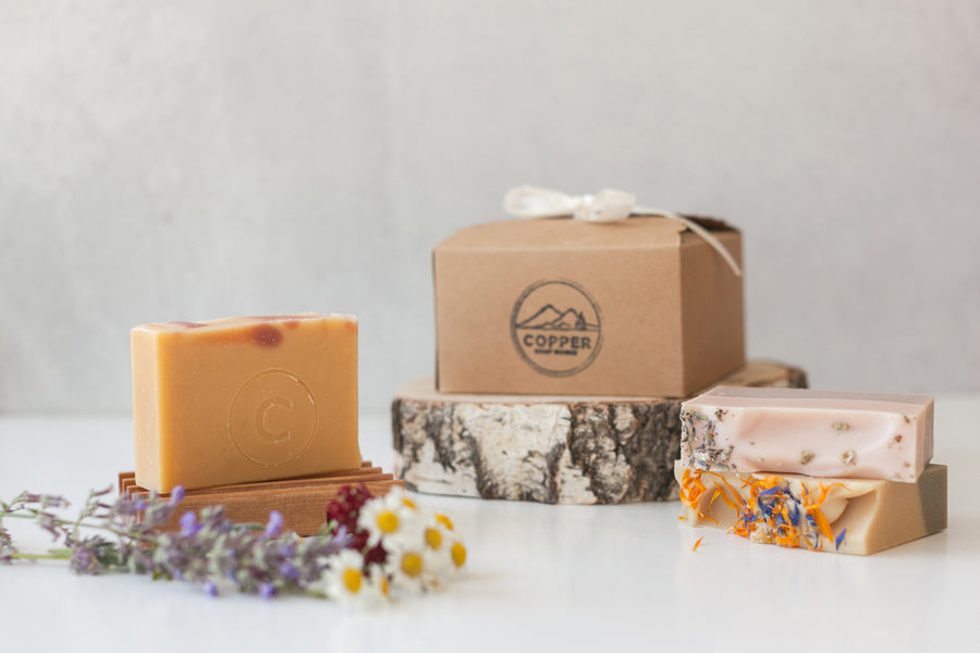 Gift Bx with three handmade soap bars and wood soap dish