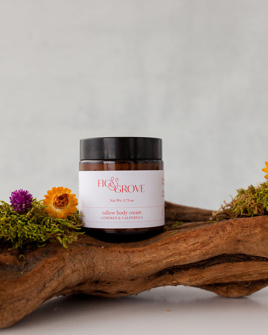 4 oz jar of Fig & Grove's tallow body cream infused with comfrey & calendula and scented with lavender & chamomile essential oils.