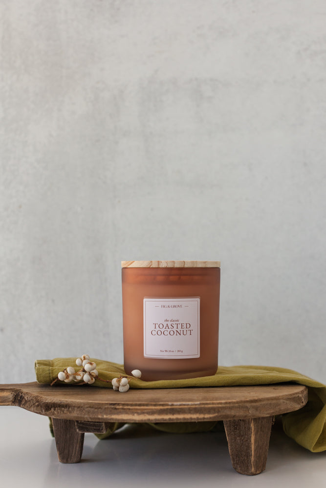 Toasted Coconut soy candle by Fig & Grove with coconut and sandalwood fragrance