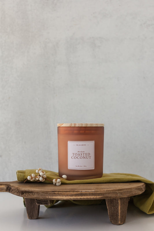 Toasted Coconut soy candle by Fig & Grove with coconut and sandalwood fragrance