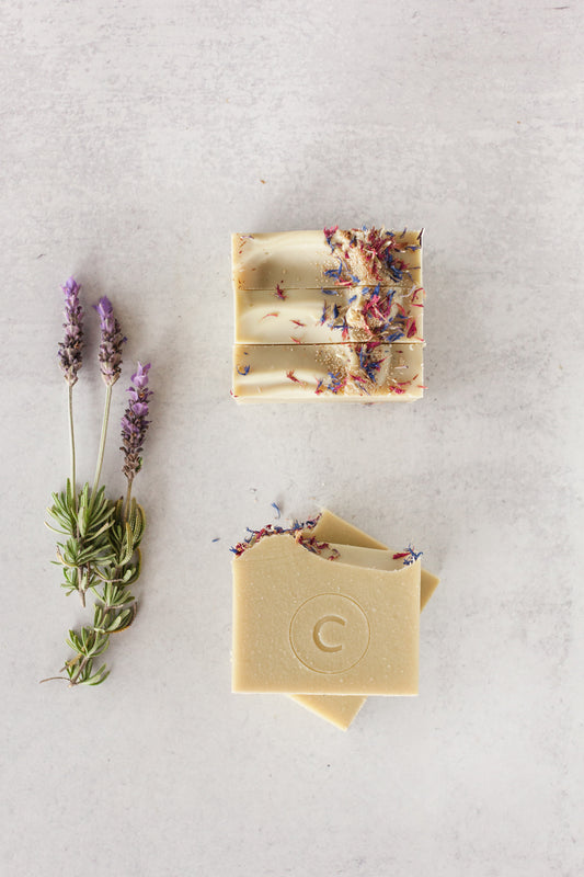 Hand-made goat milk soap scented with palo santo, lavender & sage essential oils