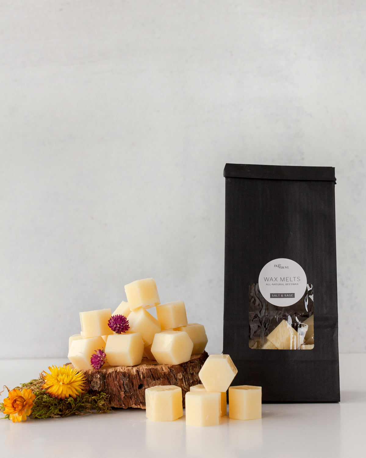 Oakmoss and Sage wax melts from Fig & Grove in a small-batch package