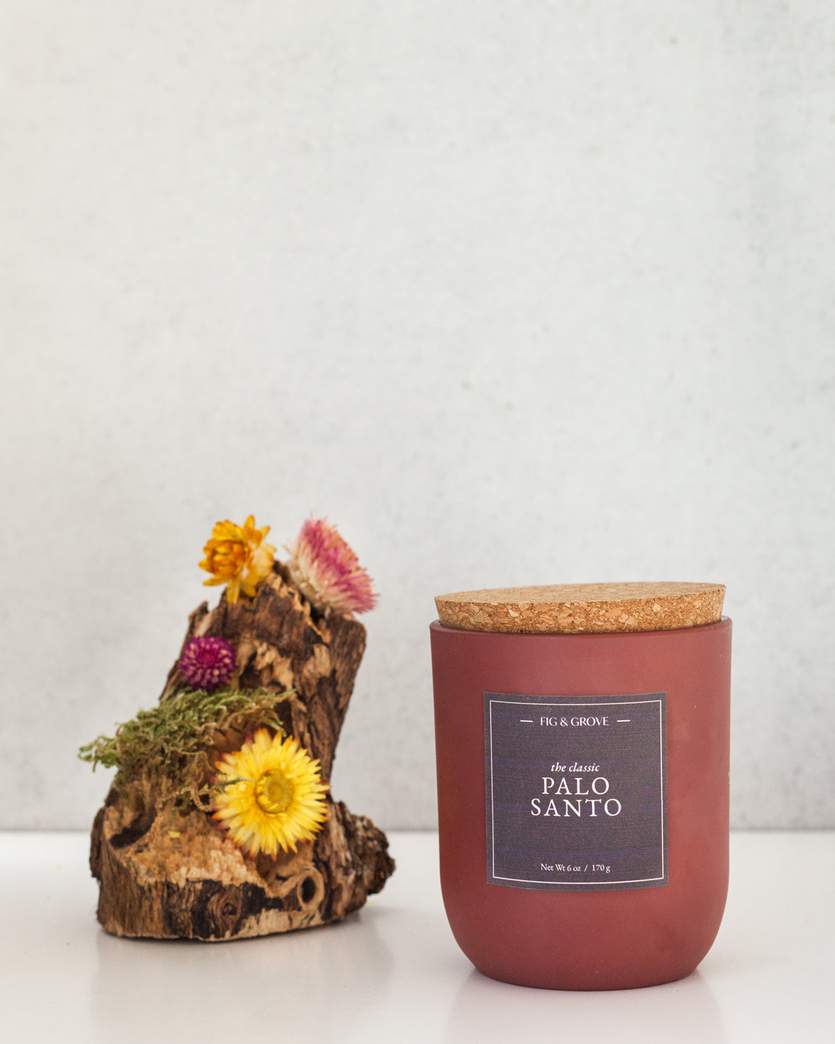 Fig & Grove Palo Santo soy wax candle, a calming, grounding scent.