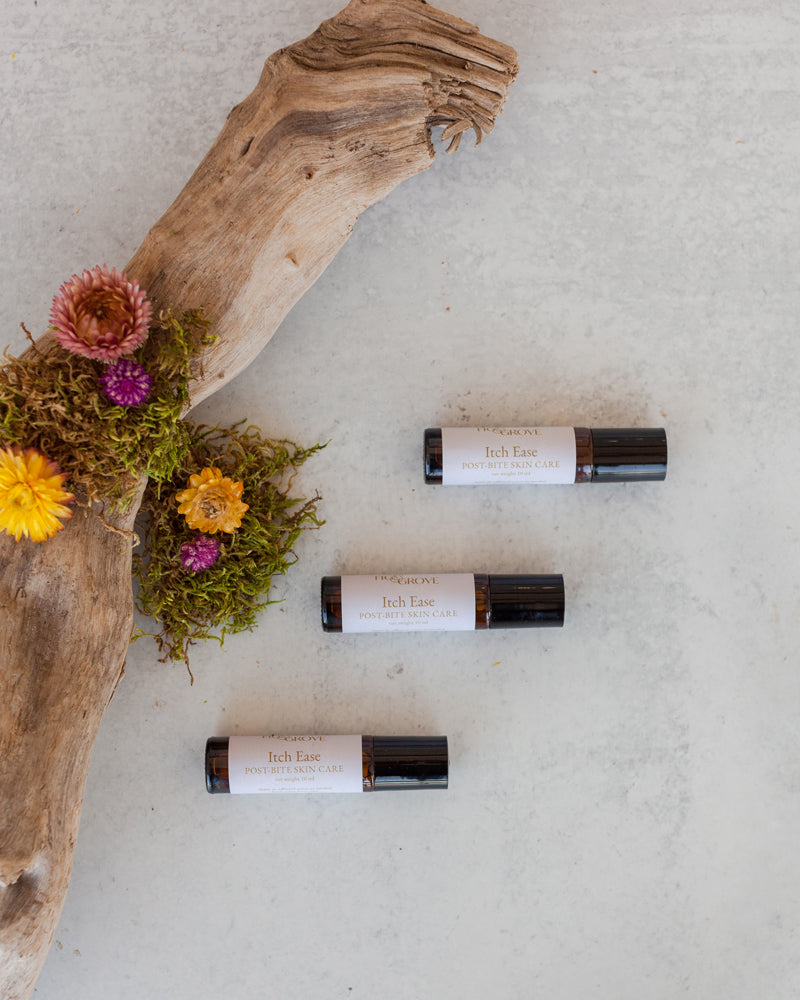 Fig & Grove Itch Ease natural bug bite relief roller bottle — all-natural essential oil post-bite skin care with cedarwood lavender and peppermint, handmade in Copperopolis California, No synthetic chemicals
