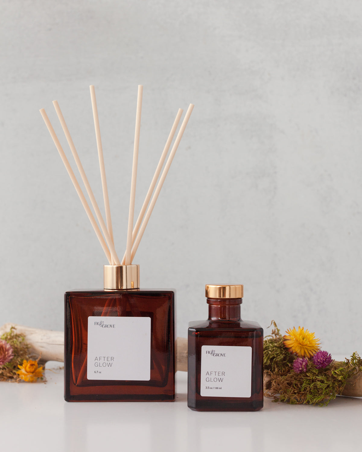 Fig & Grove Afterglow reed diffuser with softly steeped tea, citrus, lavender, amber, and musk notes