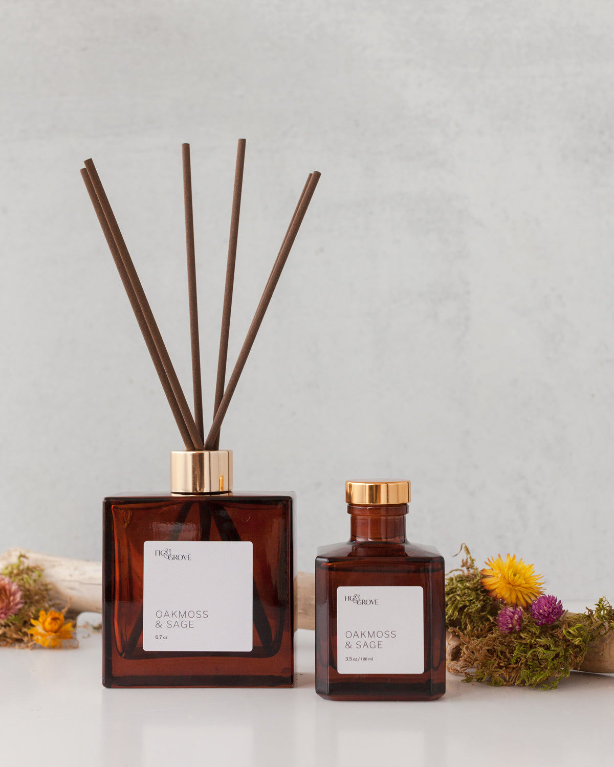 Small-batch Oakmoss & Sage reed diffuser from Fig & Grove with woodsy herbal scent notes