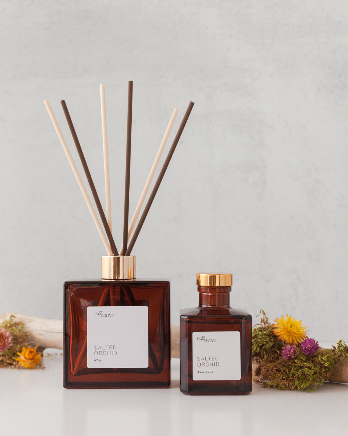 Fig & Grove Salted Orchid reed diffuser with soft floral, sea salt, amber, and tonka notes